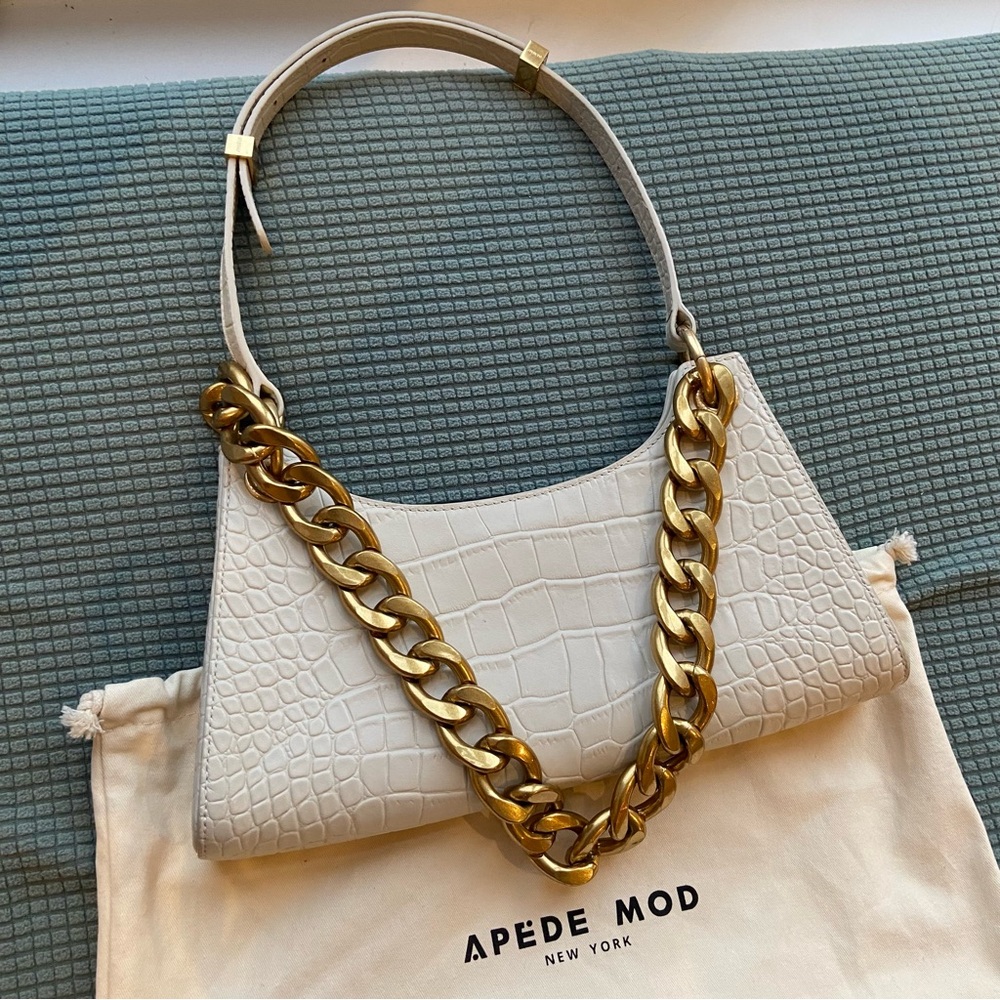 APEDE MOD WHITE CROC EMBOSSED LEATHER HOBO CHAIN SHOULDER FROGGY BAG